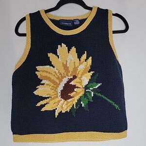 Vintage Liz Claiborne Sport Navy Sunflower Knit Vest Size XL